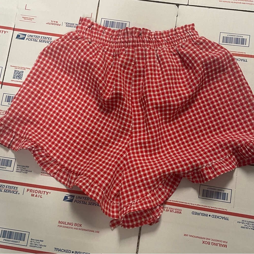 Red Gingham Drawstring Skort with Ruffle Hem - Picture 3 of 3